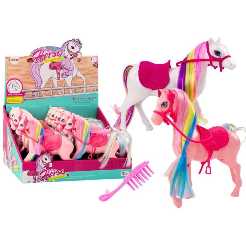 Figurka Koń Z Kolorową Grzywą Różowe Siodło Szczotka Farma Biały Różowy