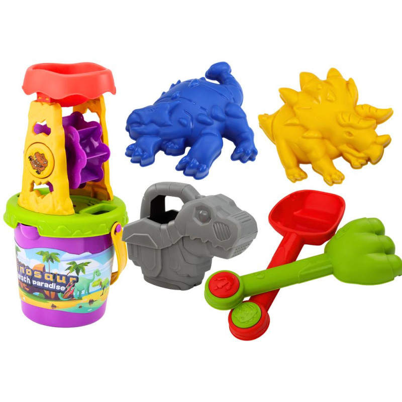 Zestaw Do Piasku Dinozaur Młynek Lejek Łopatka Grabki Konewka Foremki