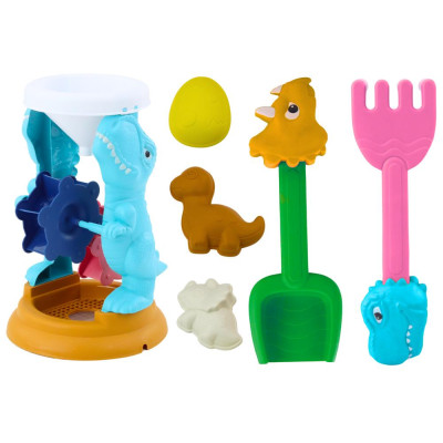Zestaw Zabawek Do Piasku Młynek Łopatka Grabki Foremki Dinozaury