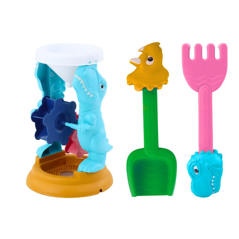 Zestaw Zabawek Do Piasku Młynek Łopatka Grabki Foremki Dinozaury