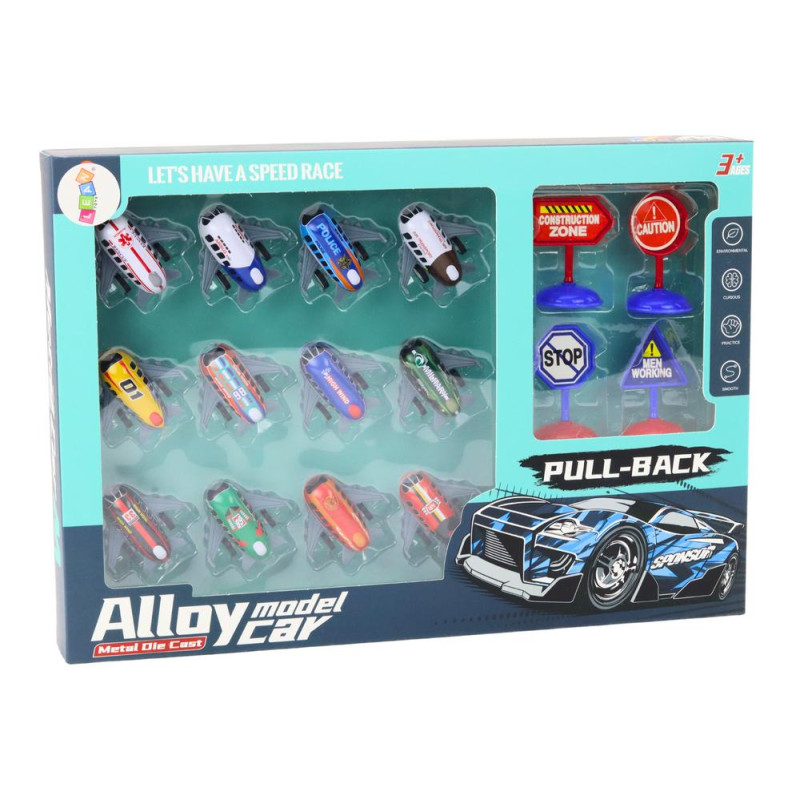 Zestaw 12 Autek Samolotów Z Napędem 5cm Znaki Drogowe