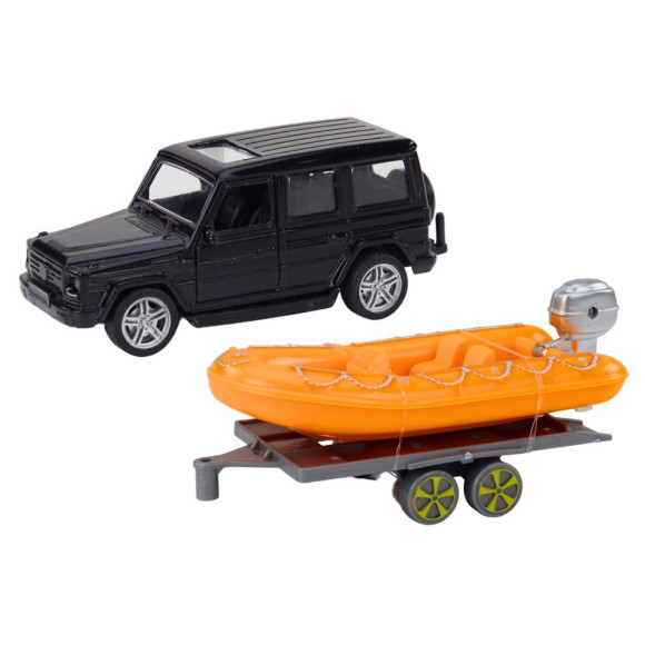 Auto Terenowe Czarne z Przyczepą do Przewozu Łodzi oraz Pomarańczową Łodzią