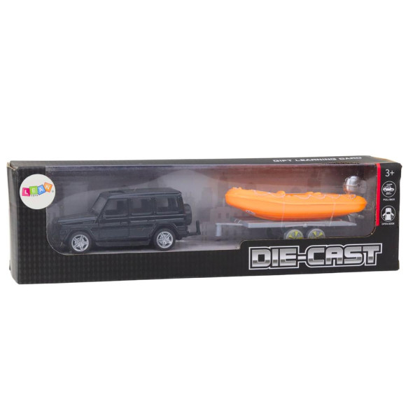 Auto Terenowe Czarne z Przyczepą do Przewozu Łodzi oraz Pomarańczową Łodzią