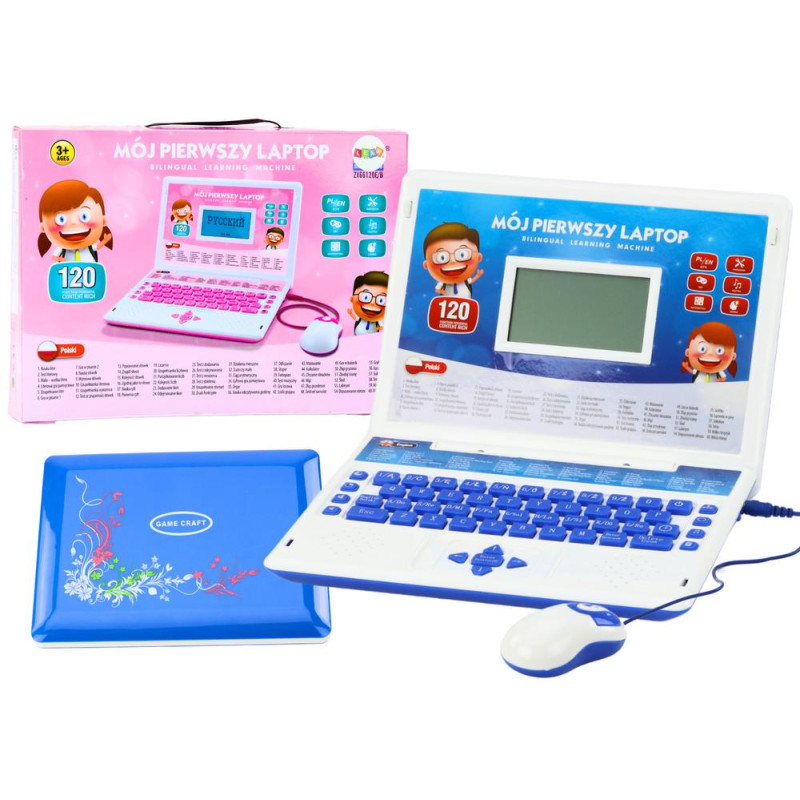 Laptop Edukacyjny Interaktywny 60 Funkcji Dwa Języki Myszka Niebieski