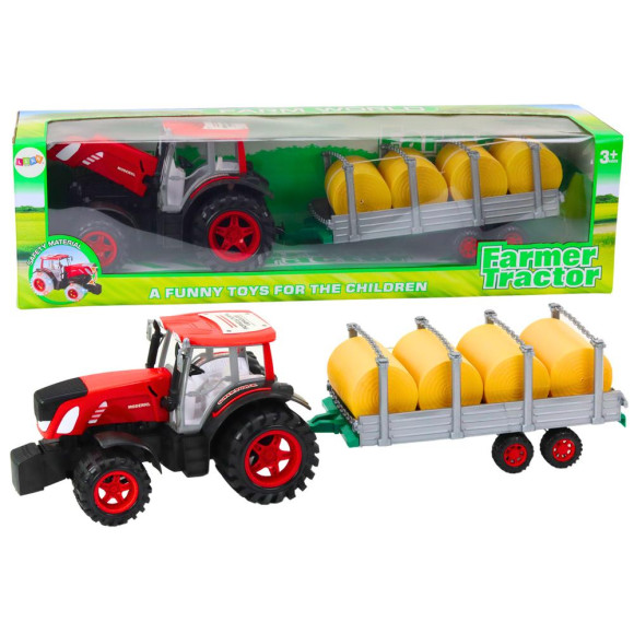 Duży Traktor Rolniczy Z Przyczepą I Balami Siana Napęd Czerwony Duży Traktor Rolniczy Z Przyczepą I Balami Siana Napęd Czerwony