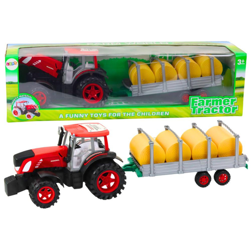 Duży Traktor Rolniczy Z Przyczepą I Balami Siana Napęd Czerwony