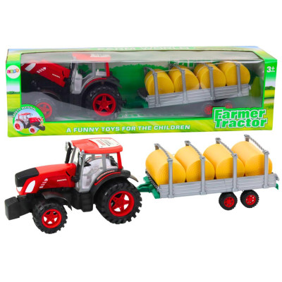 Duży Traktor Rolniczy Z Przyczepą I Balami Siana Napęd Czerwony