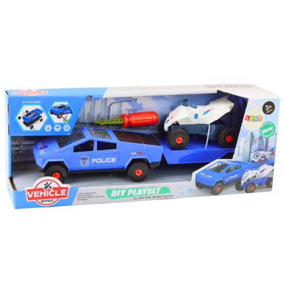 Zestaw Nowoczesne Auto z Quadem i Lawetą Do Rozkręcania DIY Niebieski Zestaw Nowoczesne Auto z Quadem i Lawetą Do Rozkręcania DIY Niebieski