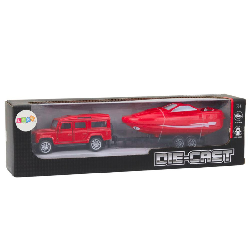 Auto Terenowe Z Przyczepą I Motorówką Metalowy Czerwony