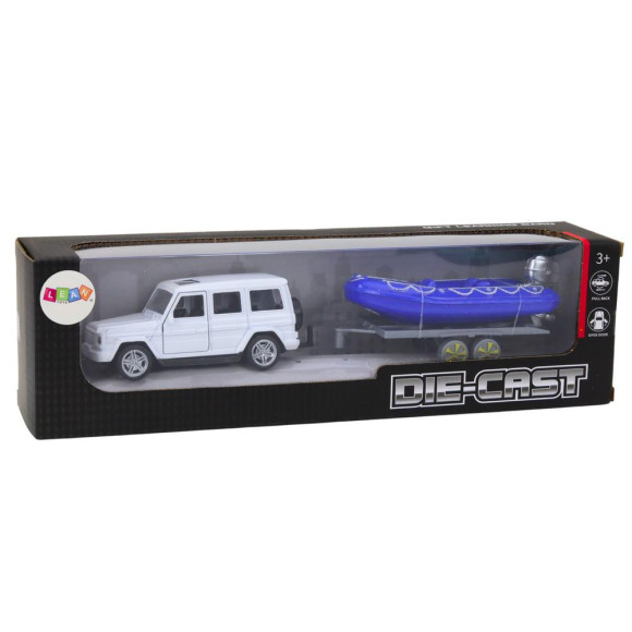 Auto Terenowe Z Przyczepą I Motorówką Metalowy Biały Niebieski
