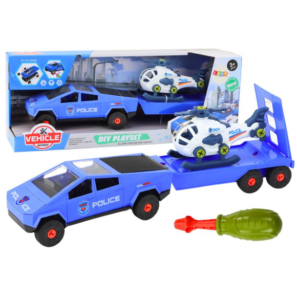 Zestaw Nowoczesne Auto z Helikopterem i Lawetą Do Rozkręcania DIY Niebieski Zestaw Nowoczesne Auto z Helikopterem i Lawetą Do Rozkręcania DIY Niebieski