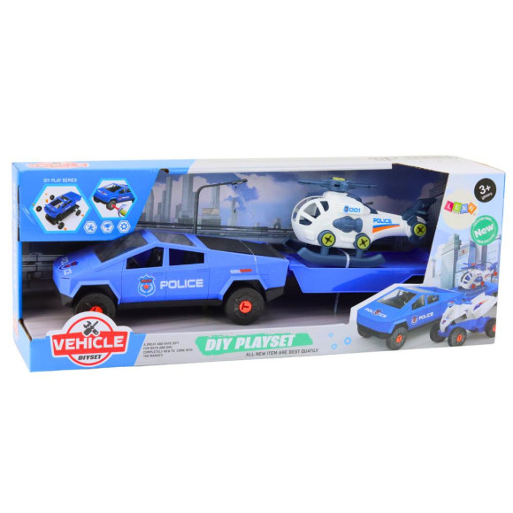 Zestaw Nowoczesne Auto z Helikopterem i Lawetą Do Rozkręcania DIY Niebieski Zestaw Nowoczesne Auto z Helikopterem i Lawetą Do Rozkręcania DIY Niebieski