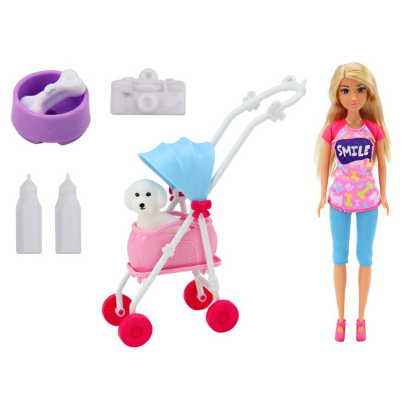 Lalka Anlily z Pieskiem W Wózku Butelki Miska Kość Aparat