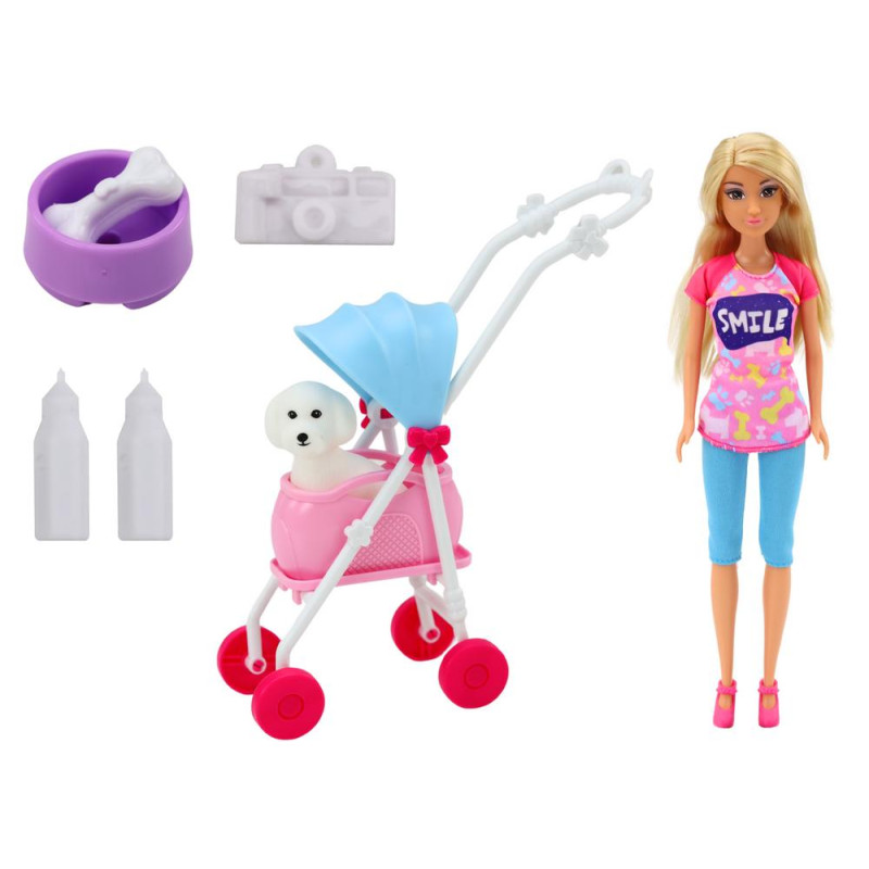 Lalka Anlily z Pieskiem W Wózku Butelki Miska Kość Aparat