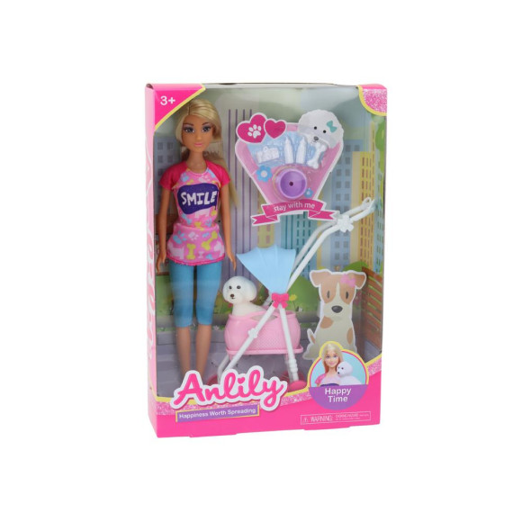 Lalka Anlily z Pieskiem W Wózku Butelki Miska Kość Aparat